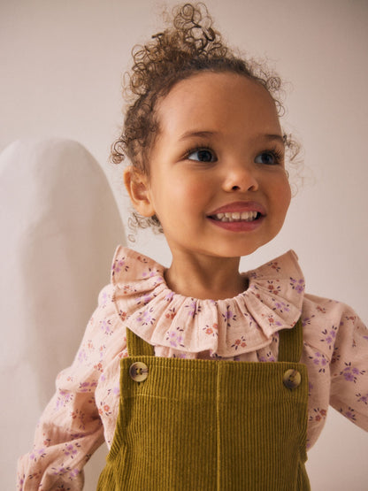 Green Floral Print Corduroy Dungarees Blouse and Tights Set (3mths-7yrs)