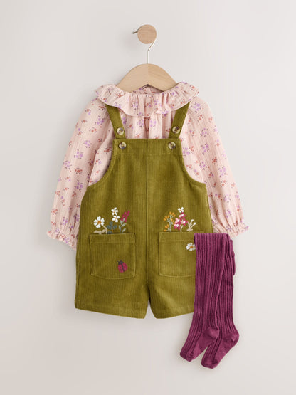 Green Floral Print Corduroy Dungarees Blouse and Tights Set (3mths-7yrs)