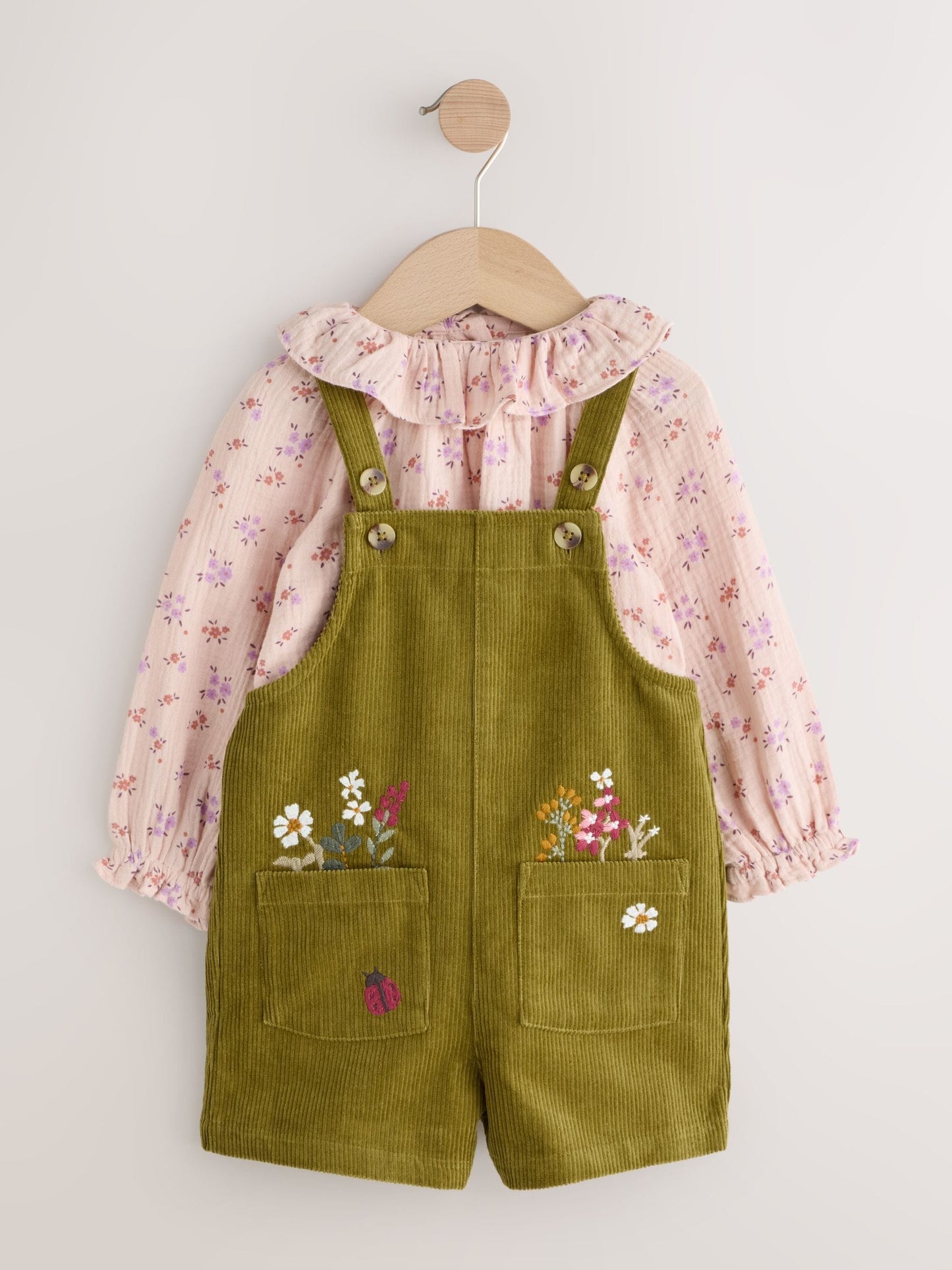 Green Floral Print Corduroy Dungarees Blouse and Tights Set (3mths-7yrs)