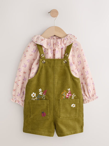 Green Floral Print Corduroy Dungarees Blouse and Tights Set (3mths-7yrs)