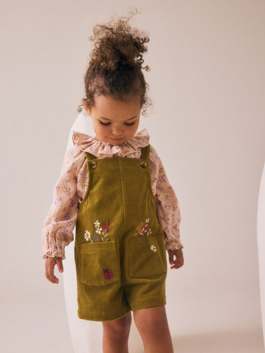 Green Floral Print Corduroy Dungarees Blouse and Tights Set (3mths-6yrs) image 1