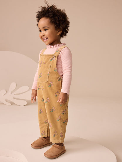 Ochre Yellow Floral Print Corduroy Dungarees and T Shirt Set (3mths-7yrs)