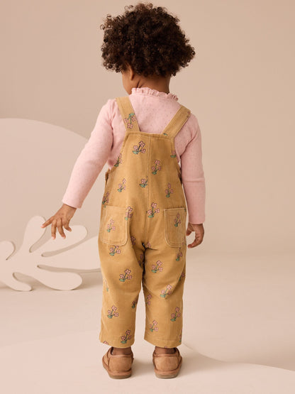 Ochre Yellow Floral Print Corduroy Dungarees and T Shirt Set (3mths-7yrs)
