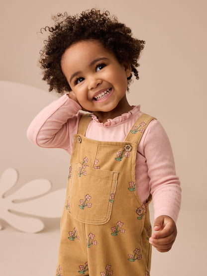 Ochre Yellow Floral Print Corduroy Dungarees and T Shirt Set (3mths-7yrs)