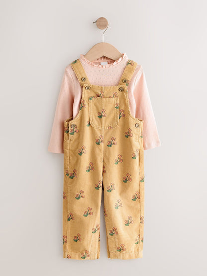 Ochre Yellow Floral Print Corduroy Dungarees and T Shirt Set (3mths-7yrs)