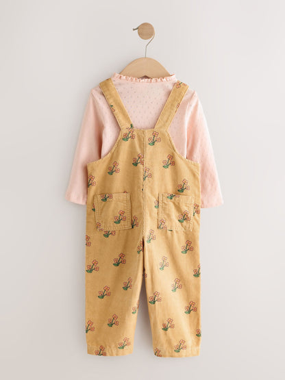 Ochre Yellow Floral Print Corduroy Dungarees and T Shirt Set (3mths-7yrs)