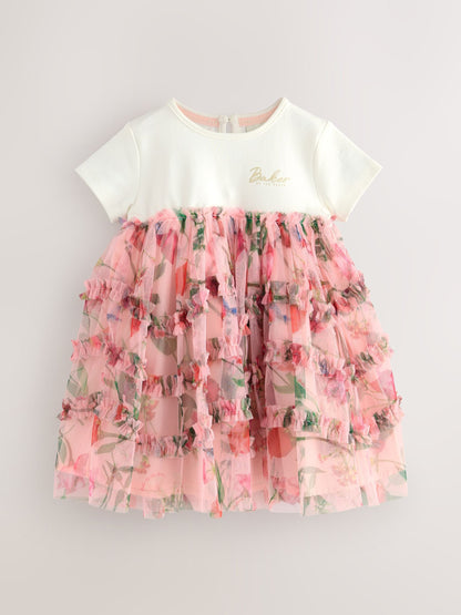 Baker by Ted Baker Pink Printed Ruffle Mesh Mockable Dress