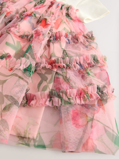 Baker by Ted Baker Pink Printed Ruffle Mesh Mockable Dress