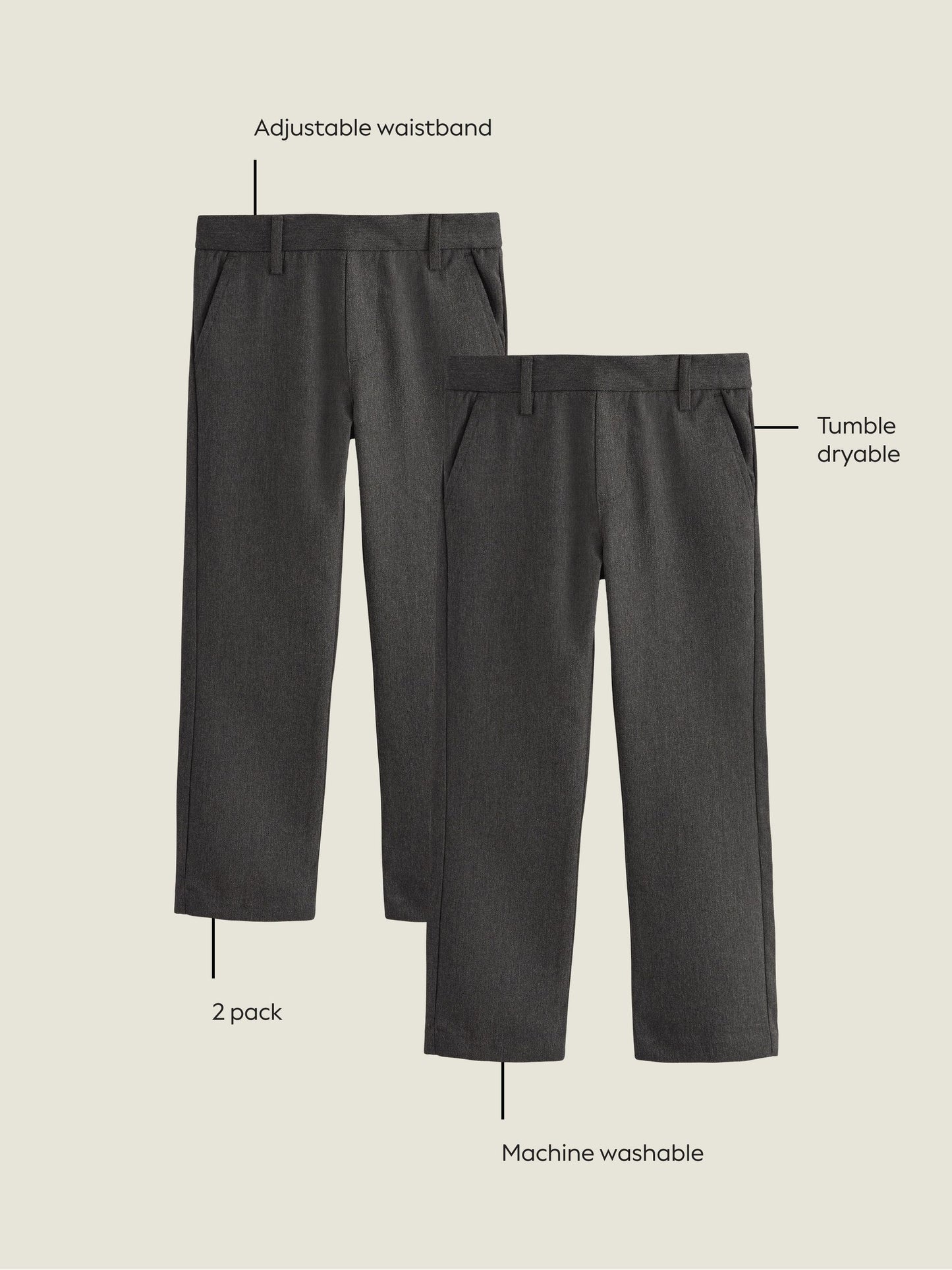 Dsiney Kidz - Grey Straight Leg Pull On Waist School Trousers 2 Pack (3-17yrs) image 4
