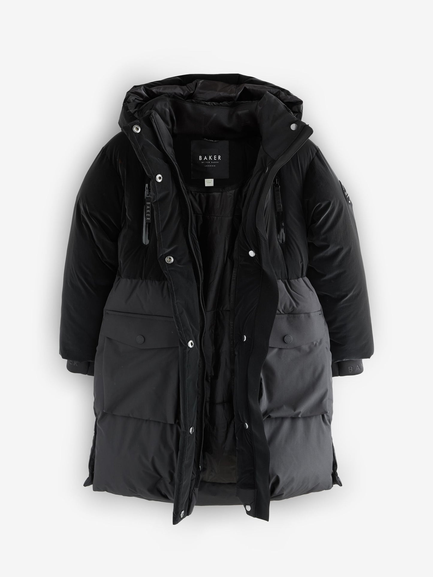 Baker by Ted Baker Shower Resistant Longline Belted Padded Black Parka image 10