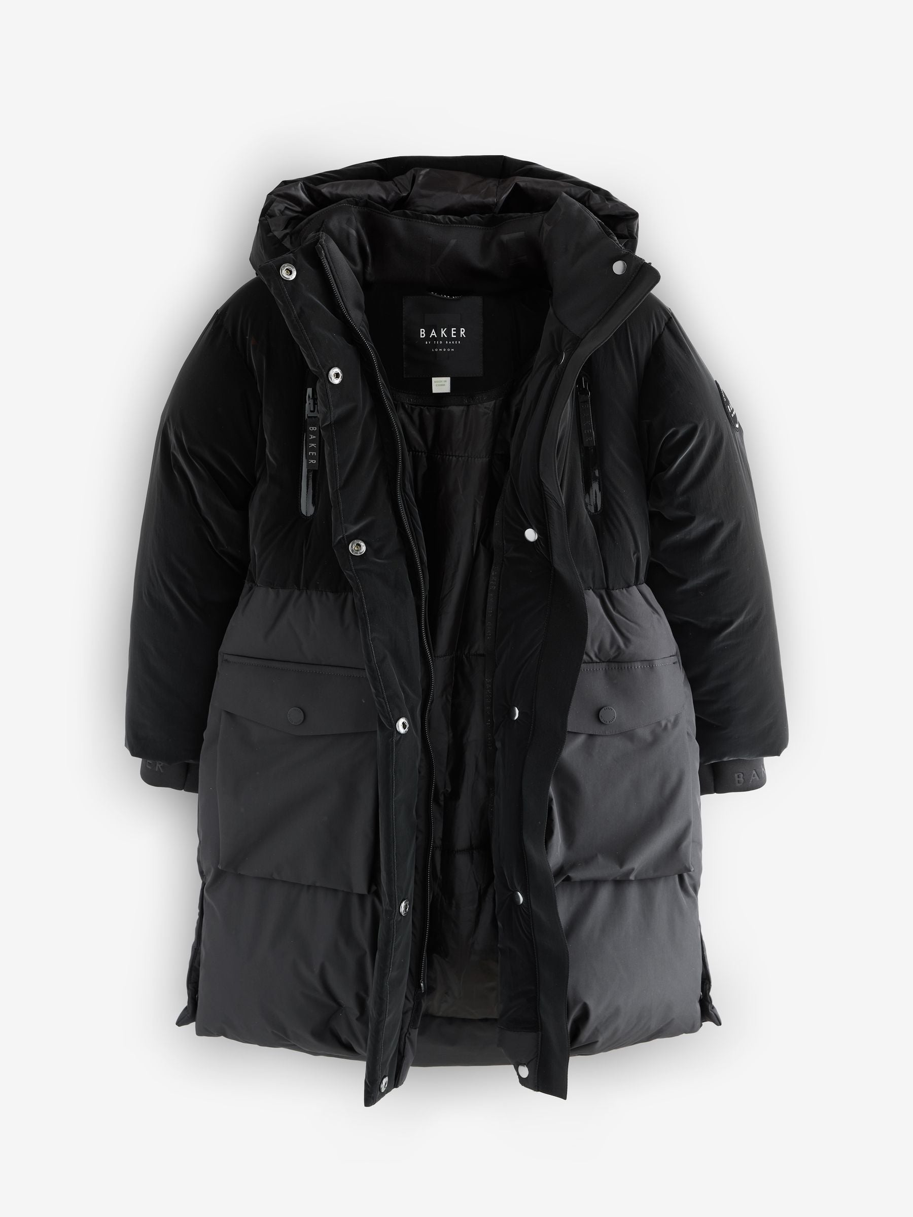 Baker by Ted Baker Shower Resistant Longline Belted Padded Black Parka image 10