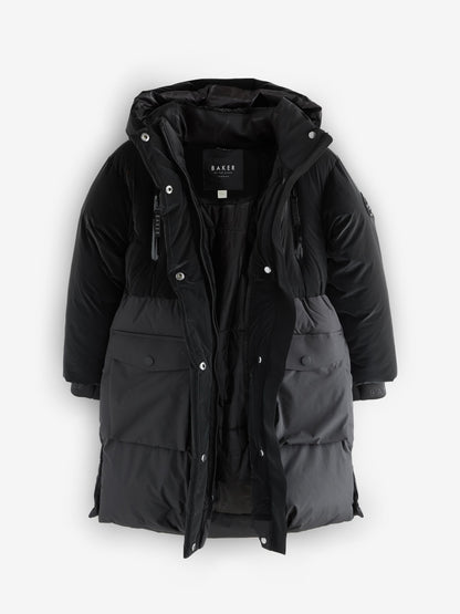 Baker by Ted Baker Shower Resistant Longline Belted Padded Black Parka image 10