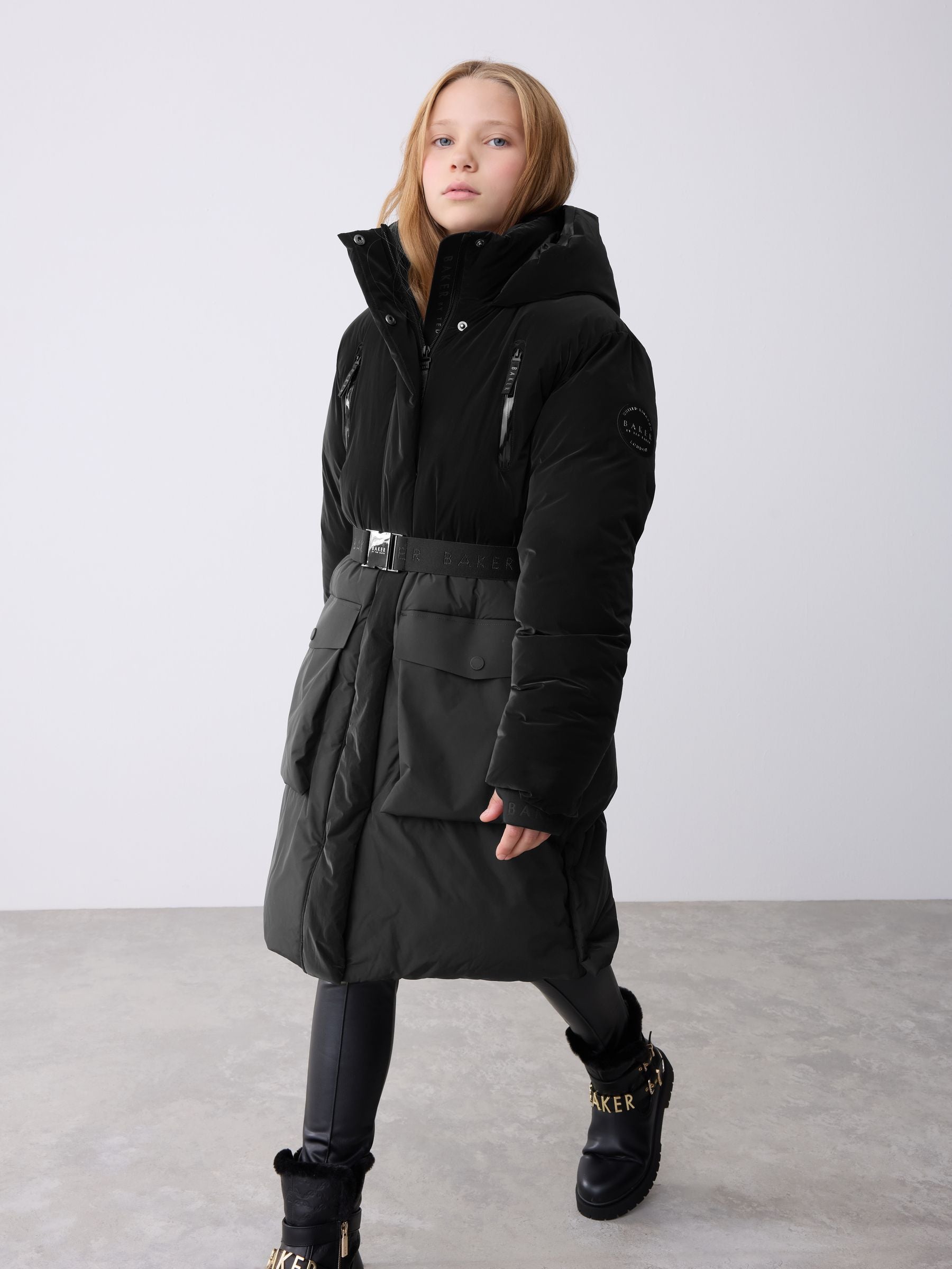 Baker by Ted Baker Shower Resistant Longline Belted Padded Black Parka image 2