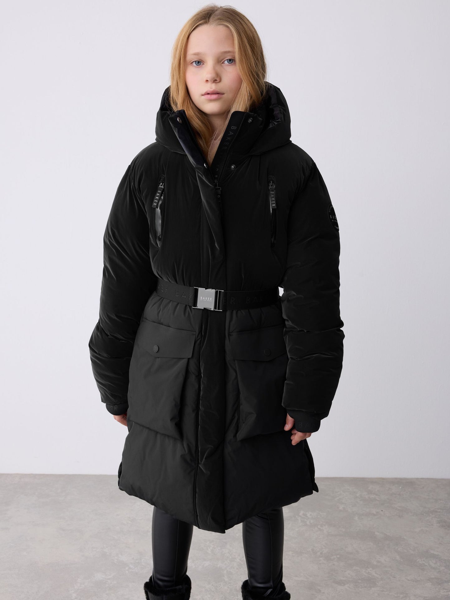 Baker by Ted Baker Shower Resistant Longline Belted Padded Black Parka image 4