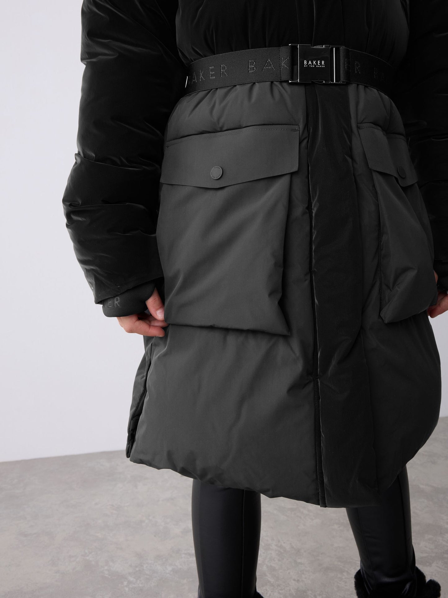 Baker by Ted Baker Shower Resistant Longline Belted Padded Black Parka image 6
