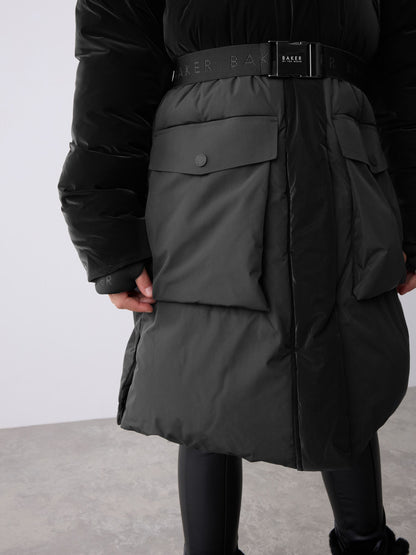 Baker by Ted Baker Shower Resistant Longline Belted Padded Black Parka image 6