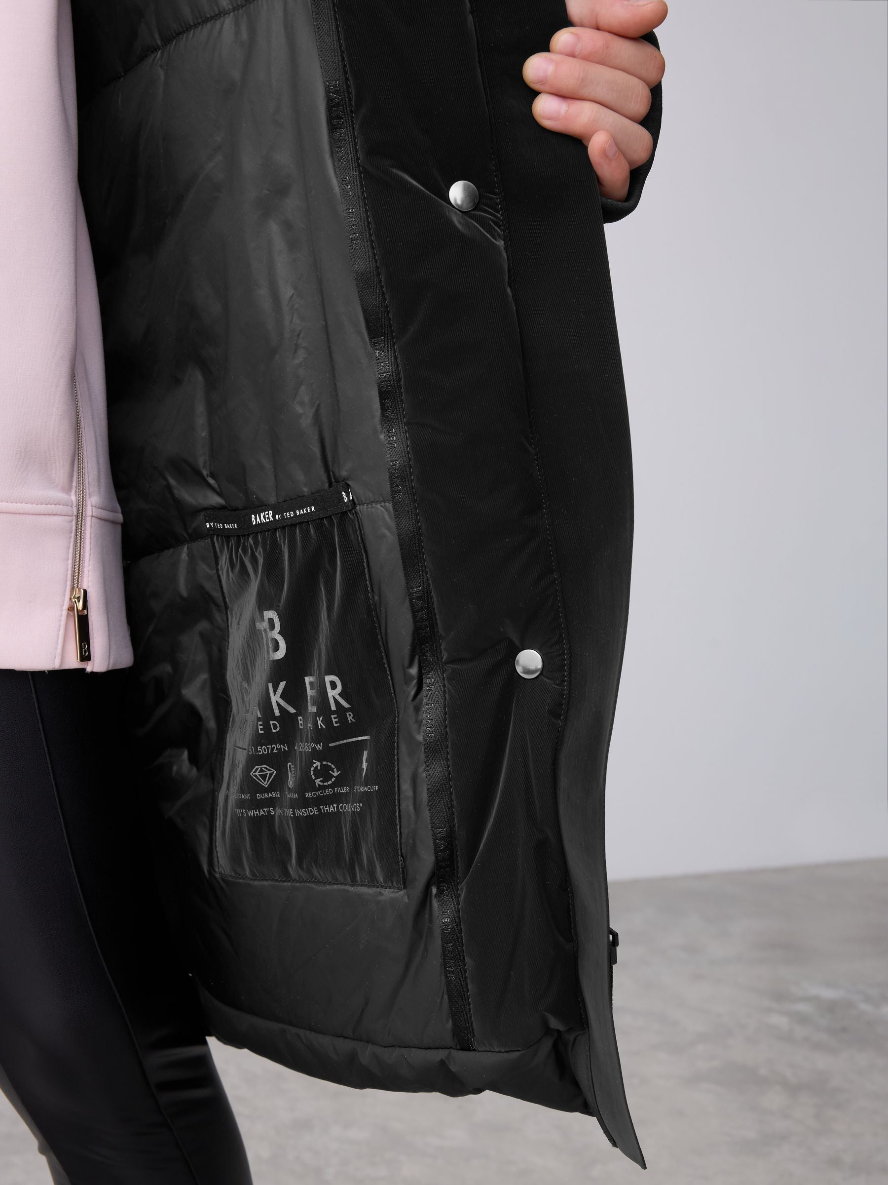 Baker by Ted Baker Shower Resistant Longline Belted Padded Black Parka image 8