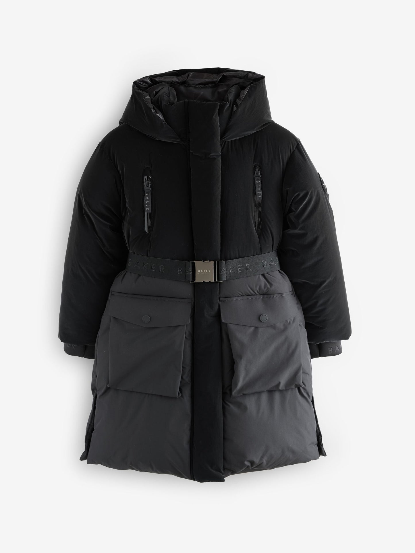 Baker by Ted Baker Shower Resistant Longline Belted Padded Black Parka image 9