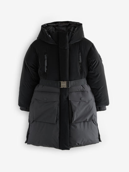 Baker by Ted Baker Shower Resistant Longline Belted Padded Black Parka image 9