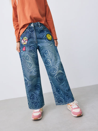 Dsiney Kidz - Mid Blue SmileyWorld® Print Wide Leg Jeans (3-16yrs) image 1