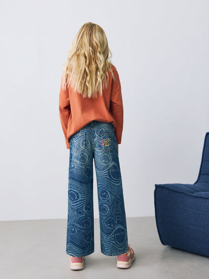 Dsiney Kidz - Mid Blue SmileyWorld® Print Wide Leg Jeans (3-16yrs) image 3