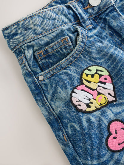 Dsiney Kidz - Mid Blue SmileyWorld® Print Wide Leg Jeans (3-16yrs) image 9