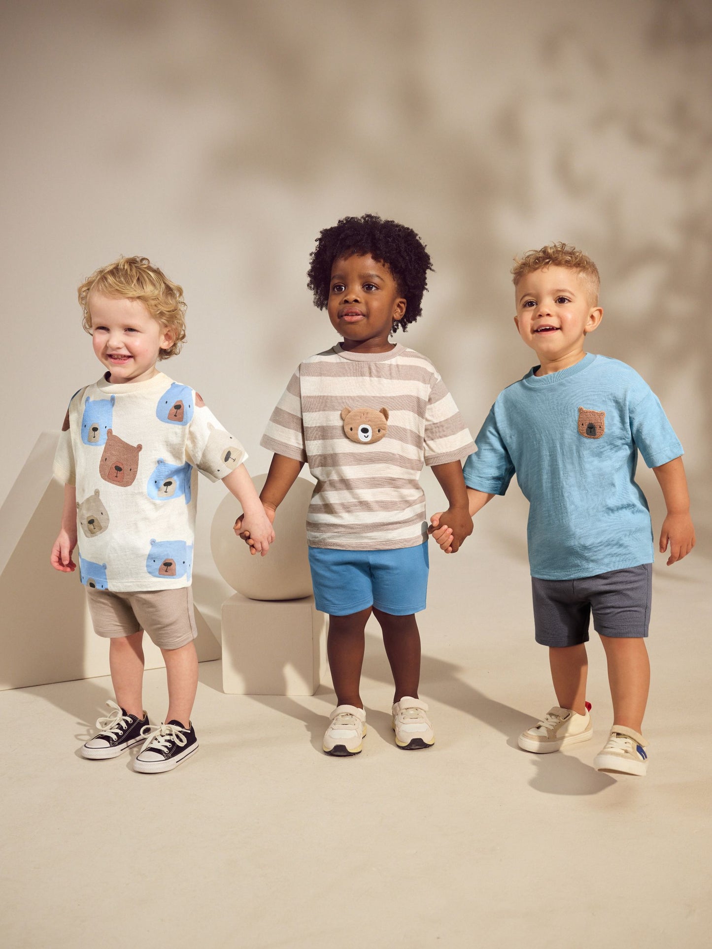 Neutral Padded Bear Short Sleeve T-Shirts & Shorts Set 3 Pack (3mths-7yrs) image 1