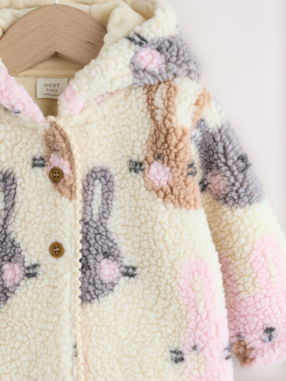 Ecru and Pink Bunny Borg Hooded Baby Jacket (0mths-2yrs)