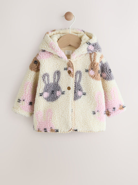 Ecru and Pink Bunny Borg Hooded Baby Jacket (0mths-2yrs)