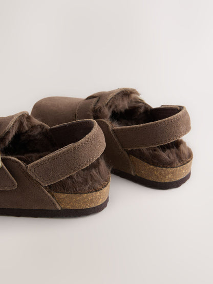 Chocolate Brown Leather Faux Fur Lined Clog Shoes