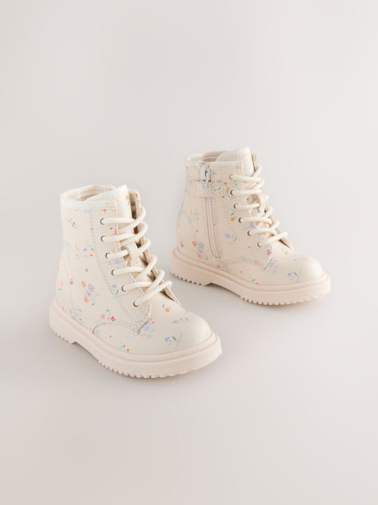 Cream Floral Standard Fit (F) Lace-Up Ankle Boots image 1
