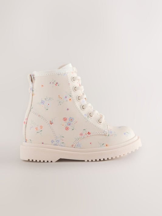 Cream Floral Standard Fit (F) Lace-Up Ankle Boots image 2