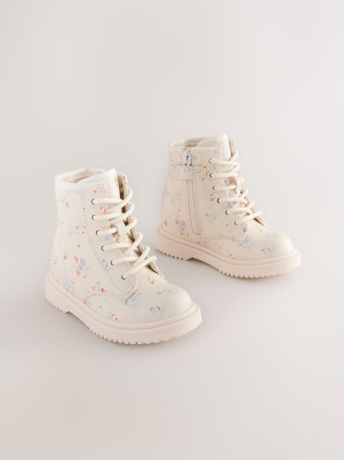 Cream Floral Standard Fit (F) Lace-Up Ankle Boots image 1
