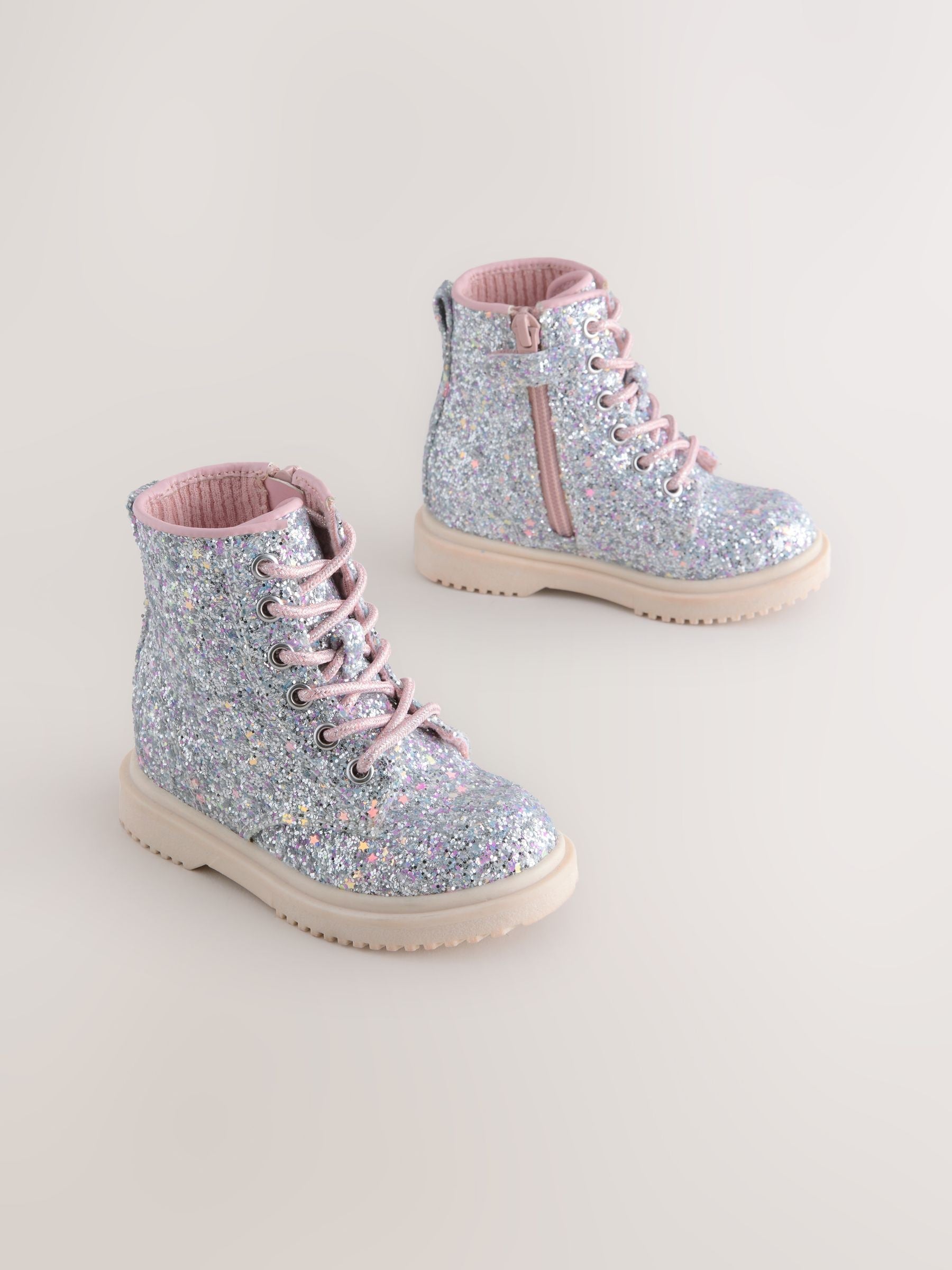 Silver Glitter Standard Fit (F) Lace-Up Ankle Boots image 2