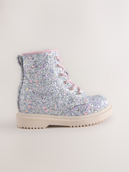 Silver Glitter Standard Fit (F) Lace-Up Ankle Boots image 2