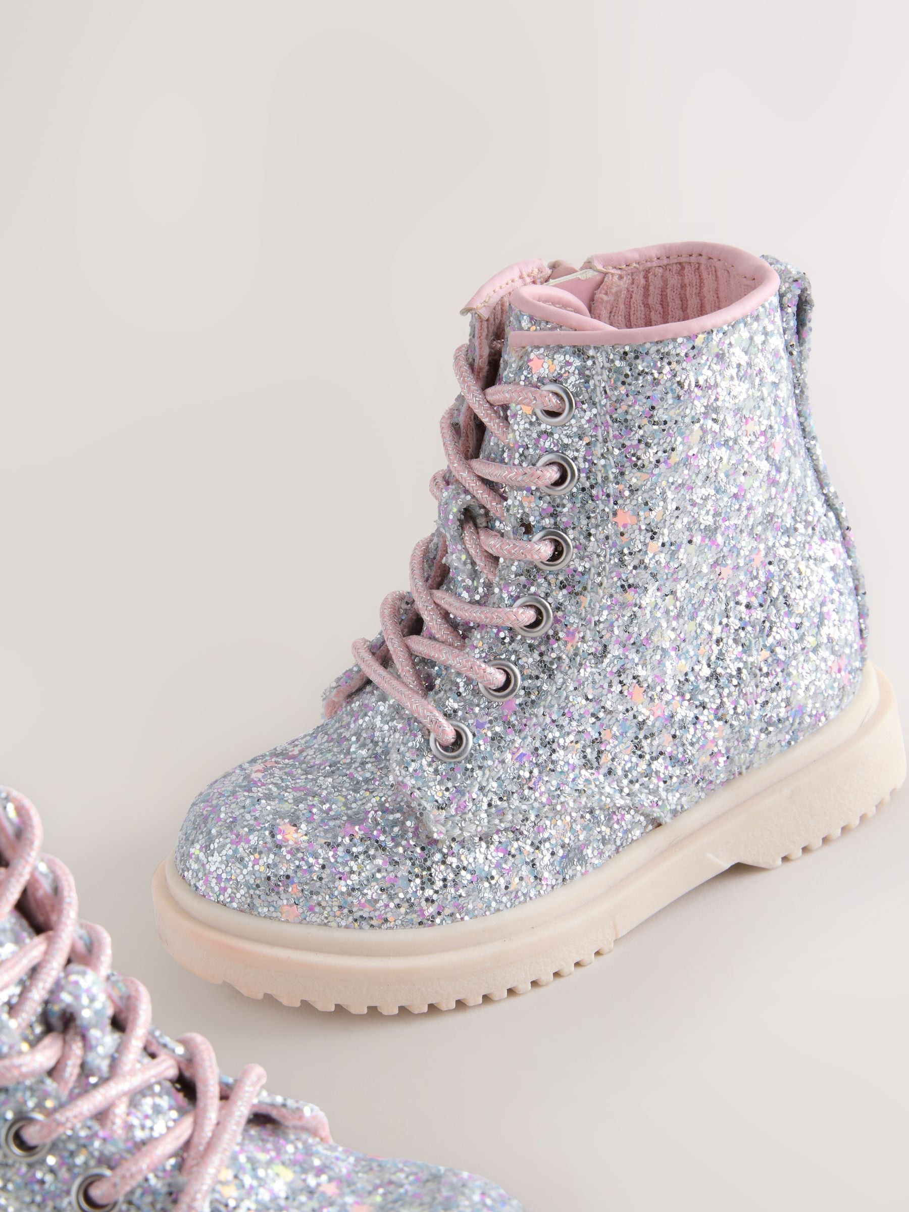 Silver Glitter Standard Fit (F) Lace-Up Ankle Boots image 4
