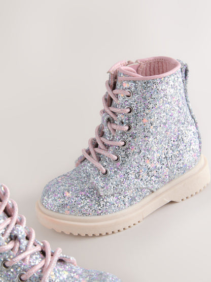Silver Glitter Standard Fit (F) Lace-Up Ankle Boots image 3