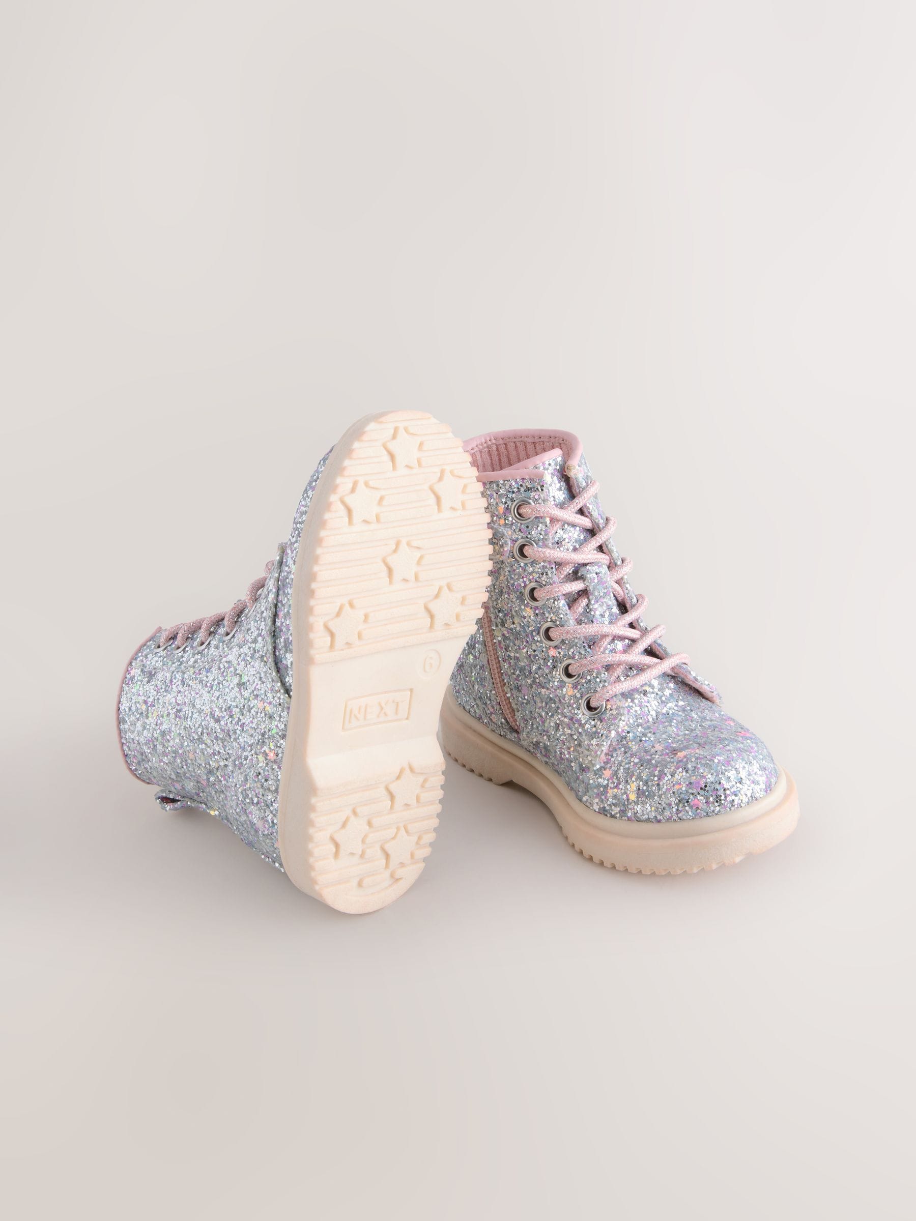 Silver Glitter Standard Fit (F) Lace-Up Ankle Boots image 5