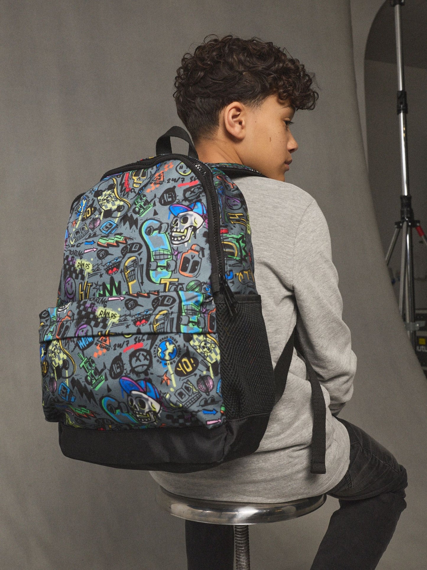 Grey Doodle Print Backpack image 1