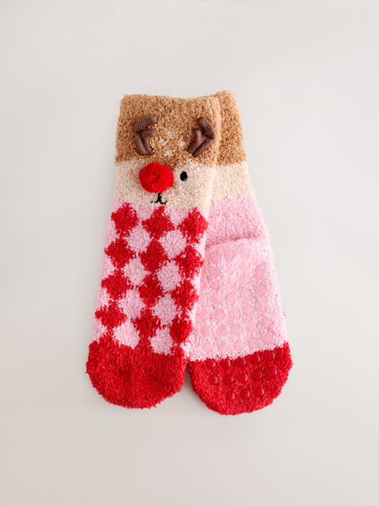 Red/Brown Reindeer Christmas Cosy Ankle Socks image 3