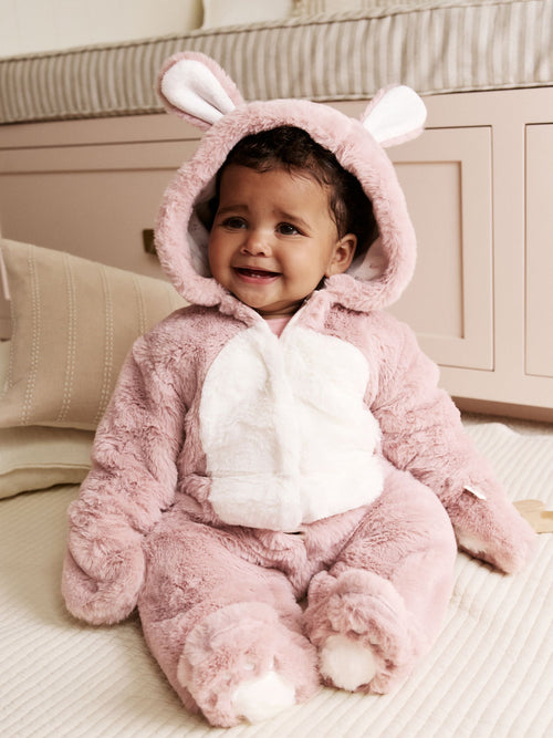 Pink Faux Fur Baby Bunny Pramsuit (0-18mths) image 1