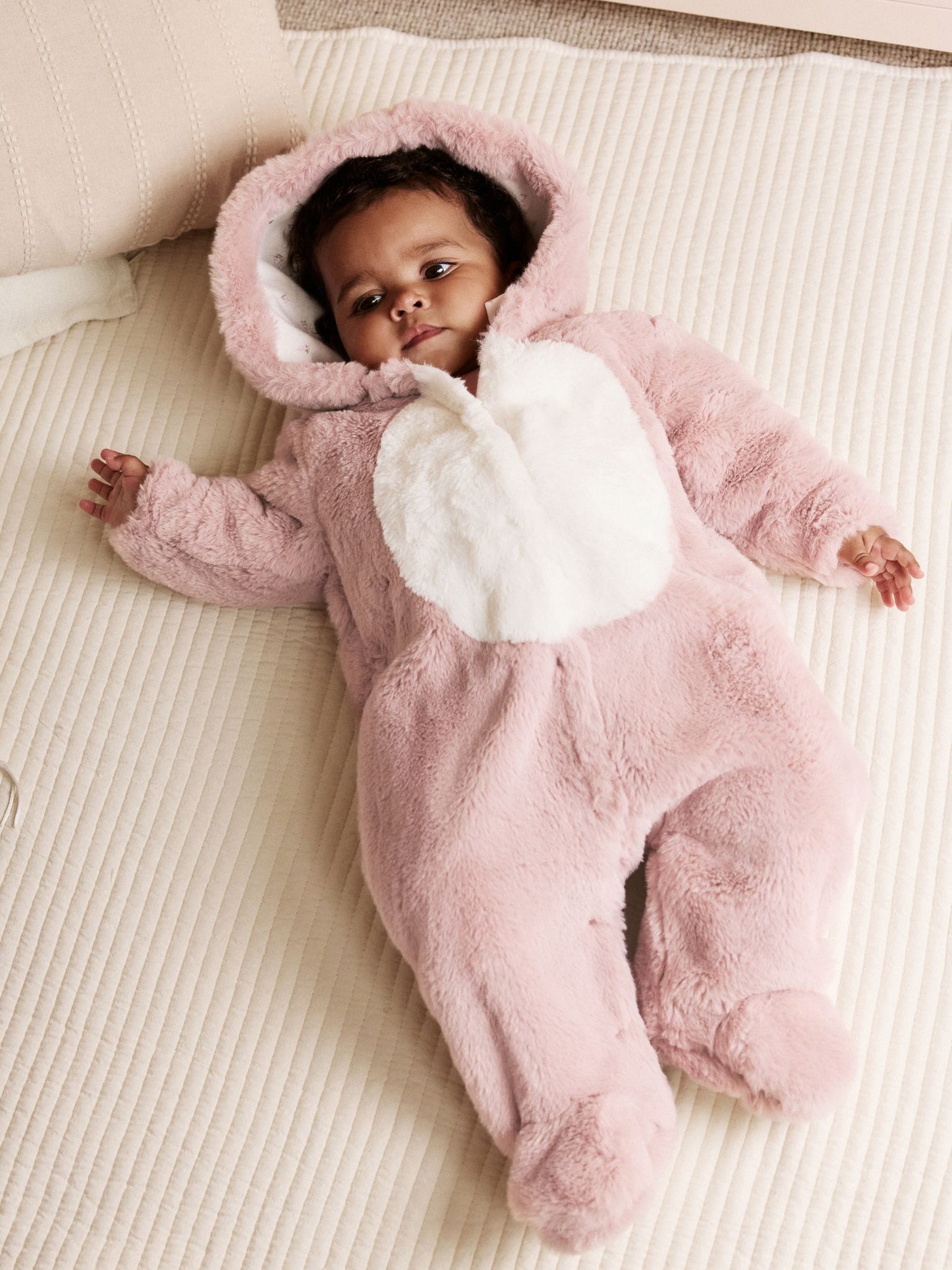 Pink Faux Fur Baby Bunny Pramsuit (0-18mths) image 2