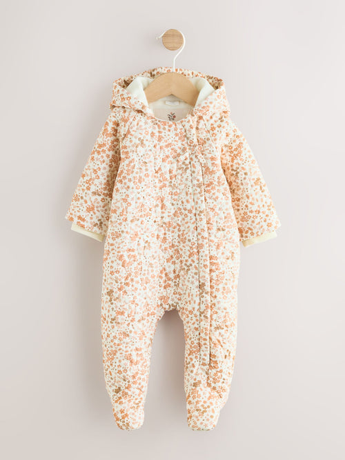 Ecru Floral Printed Baby Hooded Crinkle Woven Pramsuit (0mths-2yrs) image 1
