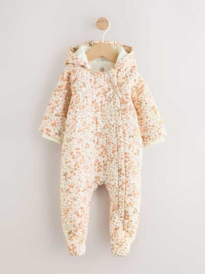 Ecru Floral Printed Baby Hooded Crinkle Woven Pramsuit (0mths-2yrs) image 1