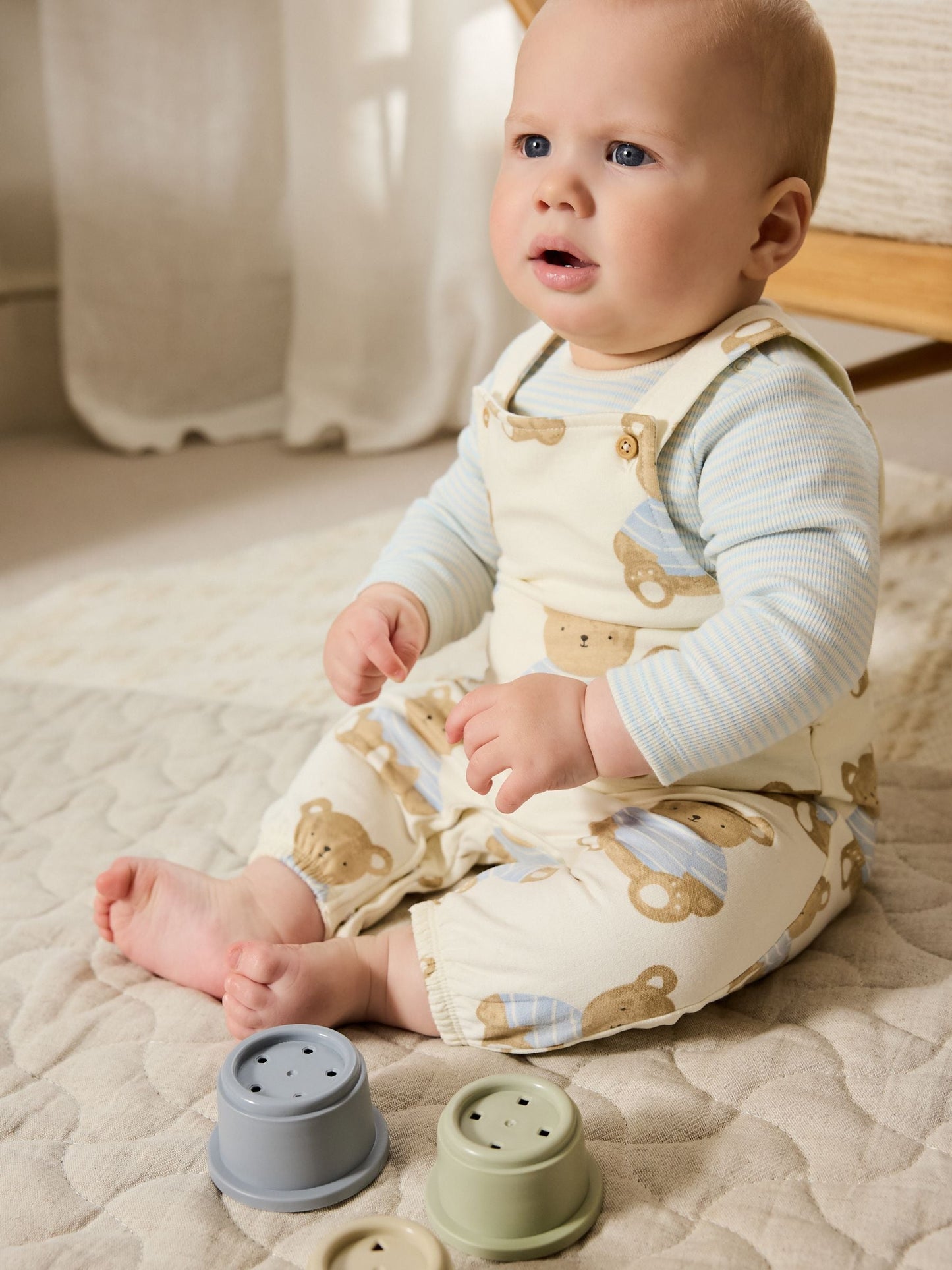 Blue Bear Print Jersey Dungarees And Bodysuit Baby Set (0mths-2yrs)