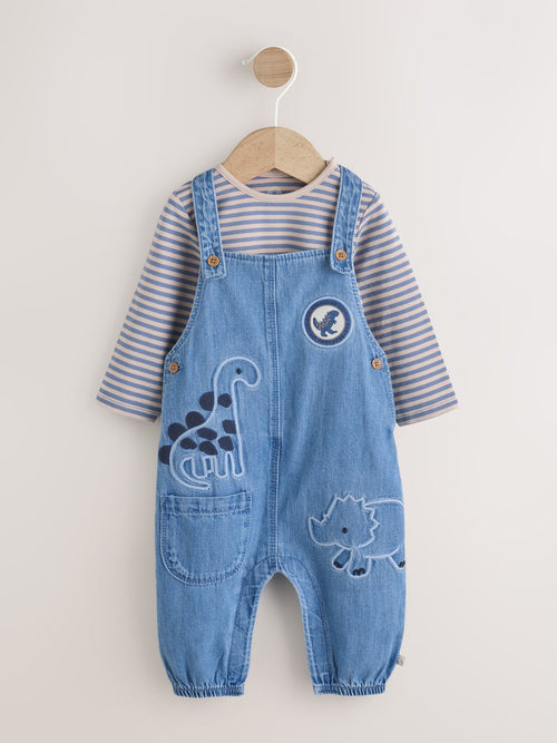 Blue Dinosaur Baby Denim Dungarees and Bodysuit Set (0mths-2yrs) image 1