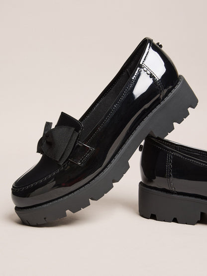 Lipsy Black Standard Fit (F) Patent Chunky Bow Slip On Loafer School Shoes image 5