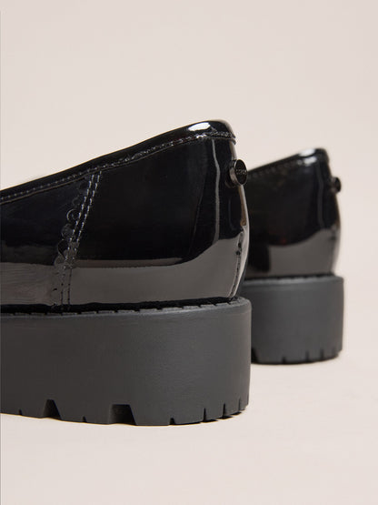 Lipsy Black Standard Fit (F) Patent Chunky Bow Slip On Loafer School Shoes image 6
