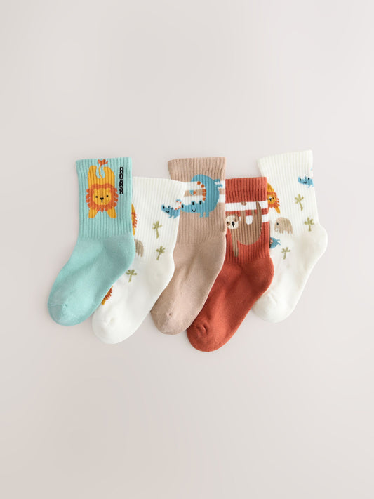 Teal/Brown Safari Animals Character Cotton Rich Socks 5 Pack image 1