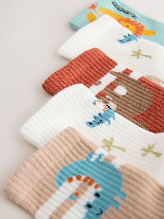 Teal/Brown Safari Animals Character Cotton Rich Socks 5 Pack image 3